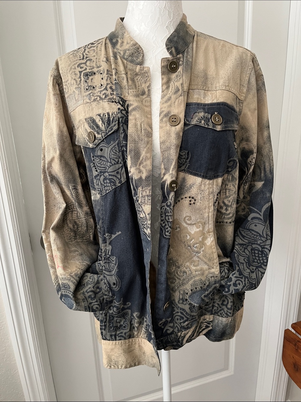 C.J Banks Vintage-Inspired Neutral Patchwork Jacket - Beige & Navy